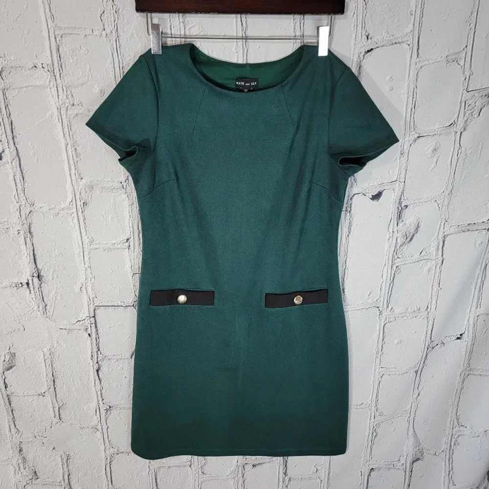 KATE AND LILY Womens 8P Green Velvet Suede Short Sleeve Shift Dress Office‎ Chic